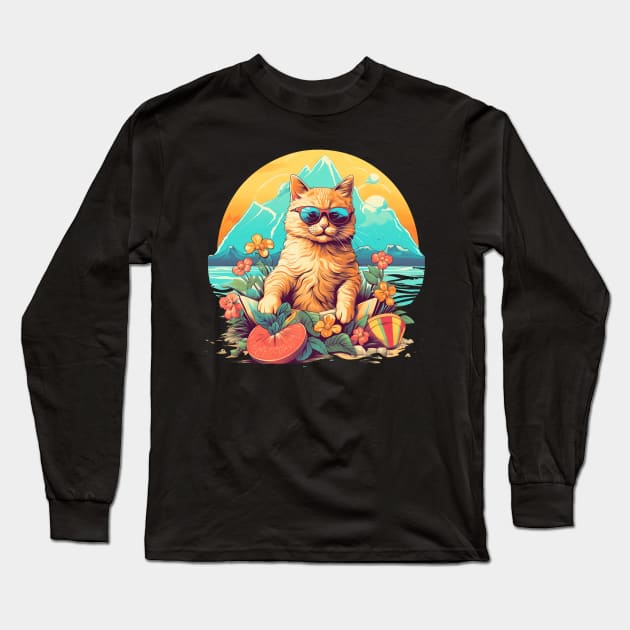 Summer Beach Cat with Sunglasses Long Sleeve T-Shirt by MetaBrush